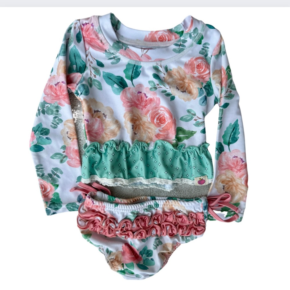 Cheeky Plum long sleeve bathing suit, peachy keen 6-12m EUC